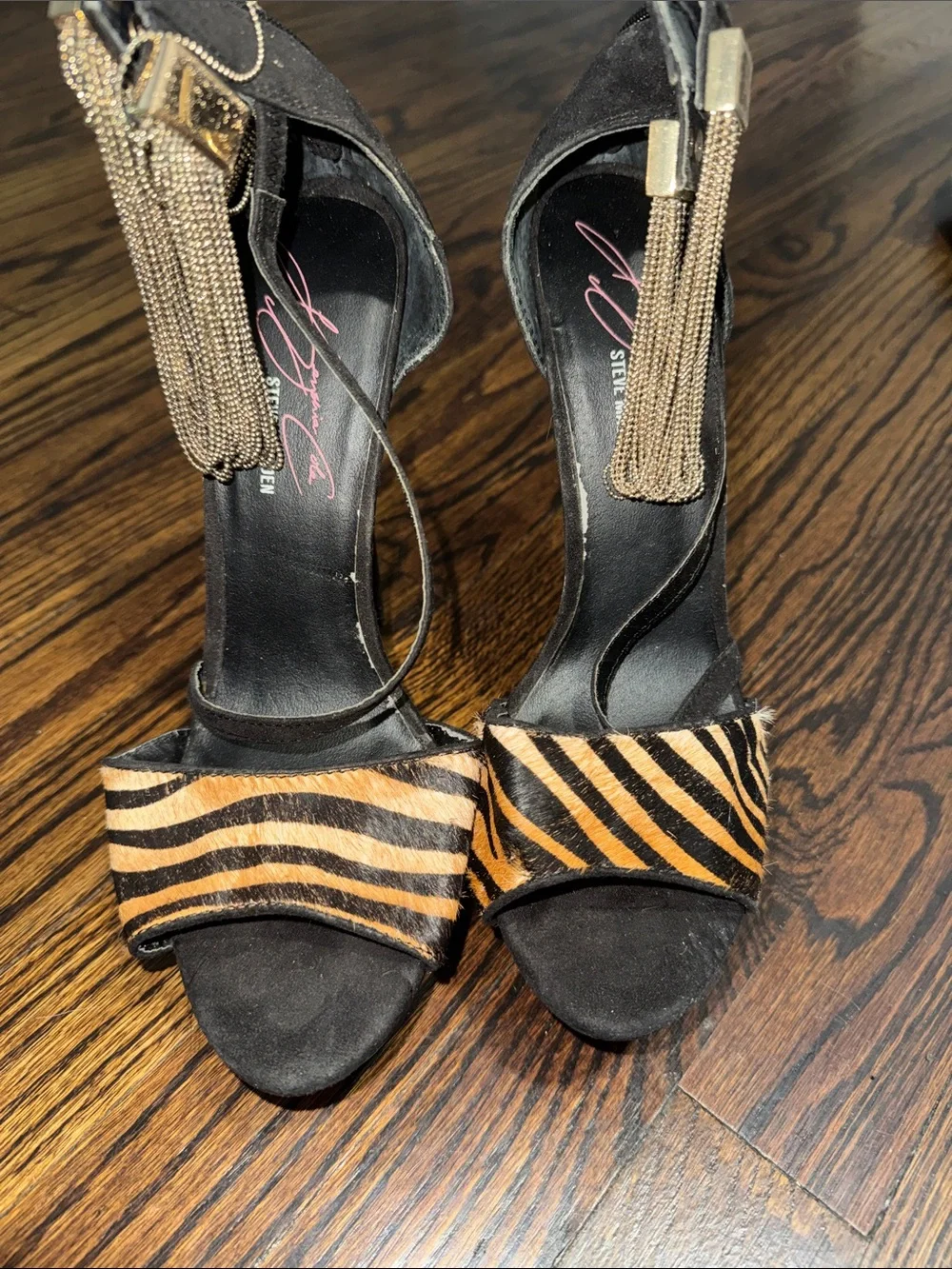 Steve Madden Zebra-Print Ankle-Strap Sandal in Black and Tan